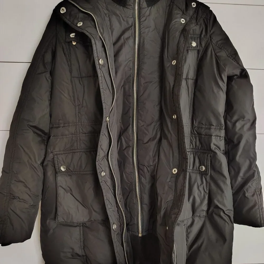 Michael Kors Women’s Black Hooded Puffer Coat Quilted Zip Snap Jacket Size Small
